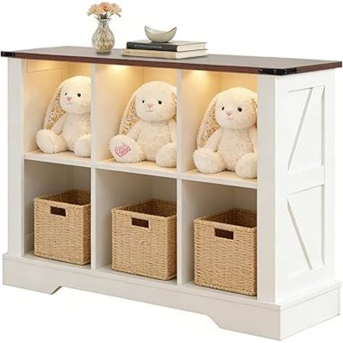 6 Cube Storage Organizer with LED Lights, Wooden Cube Bookcase with Back Panel, White Cube Shelf Freestanding Bookshelf, Hallway TV Stand for Living Room, Bedroom, Office