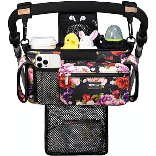 TOPDesign Universal Baby Stroller Organizer, Stroller Caddy with Detachable Mesh Bag & Heightened Insulated Cup Holders & Non-Slip Secure Hooks Accessories, Fits Most Strollers (Ranunculus)