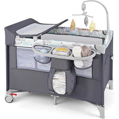 HONEY JOY Pack and Play with Bassinet, 5-in-1 Baby Bedside Sleeper w/Diaper Changing Table & Storage Bag, Toy Arch & Music Box, Detachable Side Rail, Portable Baby Play Yard w/Carry Bag(Gray)
