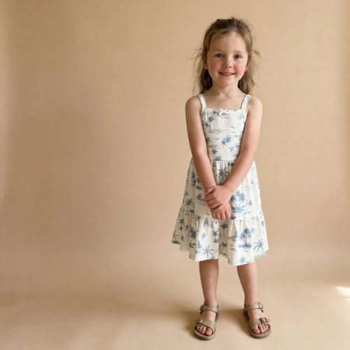 Makemake Organics Organic Strap Tiered Dress - Coastal , 6-12 Months