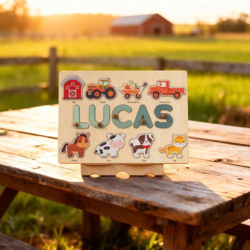 Farm Animal Name Puzzle with Pegs – Wooden Barnyard Toy for Toddlers, 1st Birthday Gift, Baby Shower or First Christmas Present