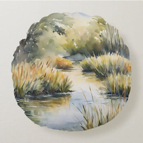 Creek Reeds Waterscape Round Pillow | Zazzle