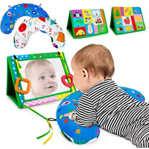 beetoy Tummy Time Pillow with Baby Mirror, Baby Toys with Detachable Teethers, Montessori Sensory Baby Toy for Infant Newborn Toddler, High Contrast Baby Toys for Number & Color Brain Development
