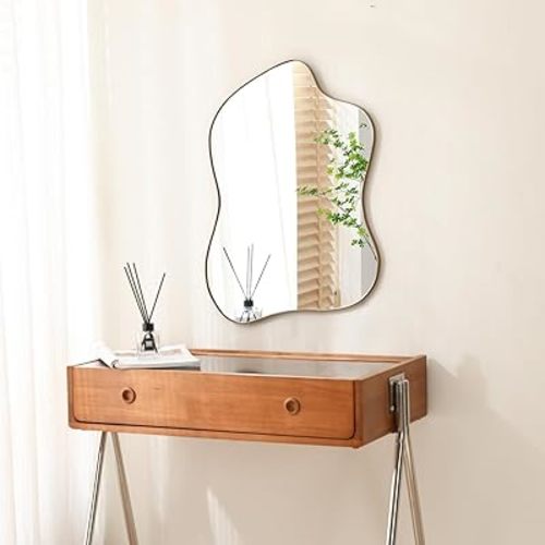 Irregular Wall Mirror Brass Wave Shaped Matel Framed Wall Mirror for Bathroom Bedroom Entryway Living Room Wall Decor 2304G