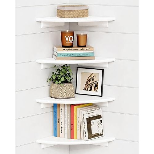 Forbena Corner White Floating Book Shelves for Wall Set of 4, Wood Nursery Corner Bookshelf for Kids Bedroom, Large Modern Round Wall Bookshelves for Living Room Decor, Indoor Plants, Bathroom