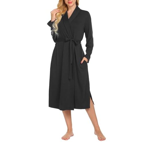 Ekouaer Robes for Women Long Sleeve Knit Kimono Bathrobe Soft Lightweight Loungewear Ladies Cotton Sleepwear