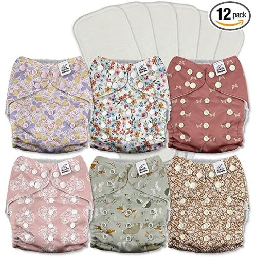 Mama Koala 3.0 Pocket Cloth Diapers for Babies with AWJ Lining, 6 Pack with 6 5-Layer Natural Cloth Diaper Inserts - Reusable and Washable Pocket Diapers(A-Wild Flowers)