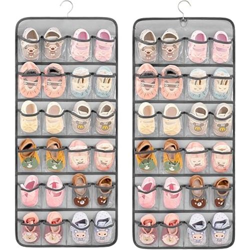 Dual-sided Baby Shoe Organizer Closet Hanging Toddler Shoes Storage for Kids Bow Socks Underwear Holder with 48 Clear Pockets (Grey)