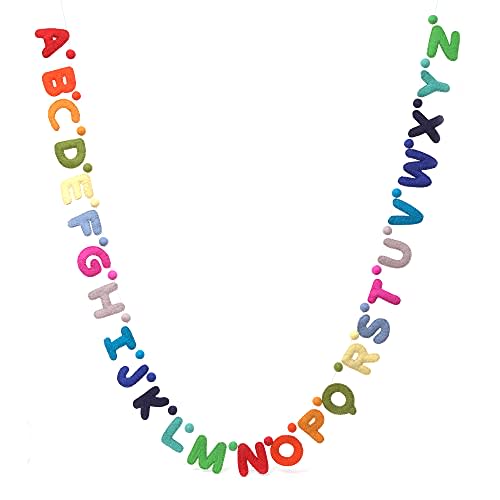 Glaciart One Alphabet Garland - Natural Handmade Wool ABC Letters & Balls - Decorative Wall Decor for Classroom, Playroom, Nursery, Baby, Toddler's Room - Ready-to-Hang Art - 7Ft., Rainbow-Colored
