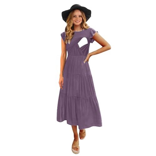 CzzzyL Womens Flutter Short Sleeve Smocked Tiered Nursing Dress for Breastfeeding