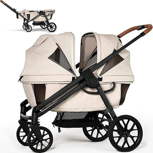 Wagon Stroller for 2 Kids, All-Terrain with Removable UV-Protection Canopy, Adjustable Push/Pull Handle, Snack Tray & Cup Holders, Perfect for Baby and Toddler（Khaki）