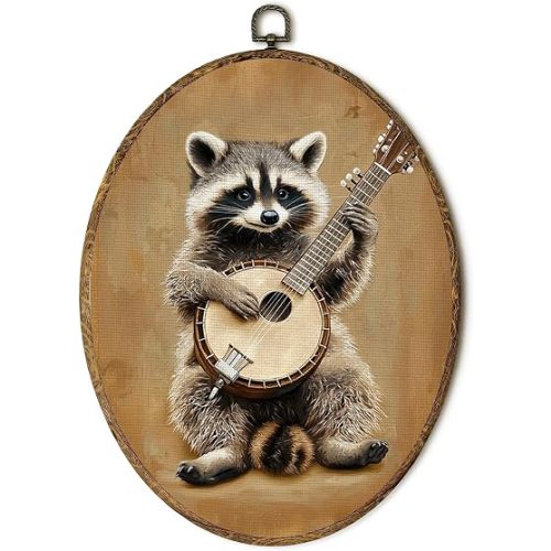EGVQK Vintage Raccoon Banjo Oval Wall Art,Retro Trash Panda Woodland Animal Framed Canvas Prints Wall Art,Whimsical Raccoon Rustic Farmhouse Oval Canvas Hanging Decor for Nursery Kids Room, 8.5x11.5in