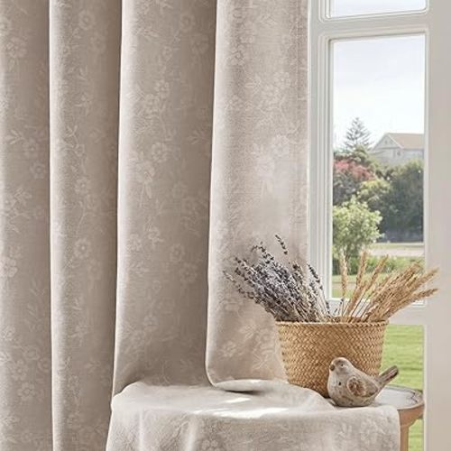 Beauoop Beige Floral Jacquard Blackout Curtains 84 Inches Long 2 Panels for Living Room Bedroom Chenille Flower Room Darkening Thermal Insulated Soundproof Grommet Window Drapes, 52x84 Set of 2