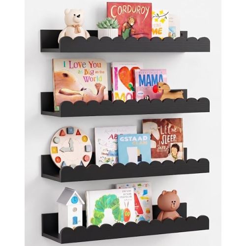 Harwaya Scalloped Nursery Bookshelf Wall Mounted 4-Pack, Natural Wood Floating Book Shelves for Wall, Cloud Wall Mount Bookshelves for Kids Bedroom, Baby Children Toddler Room (Natural Pine Wood)