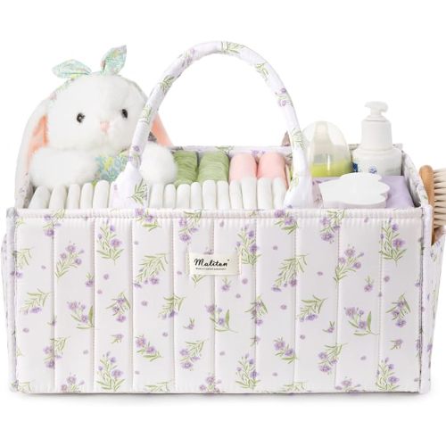 Maliton Diaper Caddy Organizer with 2 Side Pockets, Portable, Purple Floral