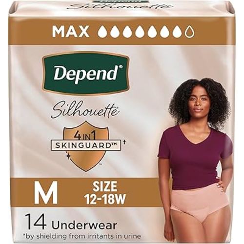 Depend Silhouette Adult Diapers, Incontinence & Postpartum Bladder Leak Underwear for Women, Maximum Absorbency, Medium, Pink, 14 Count, Packaging May Vary