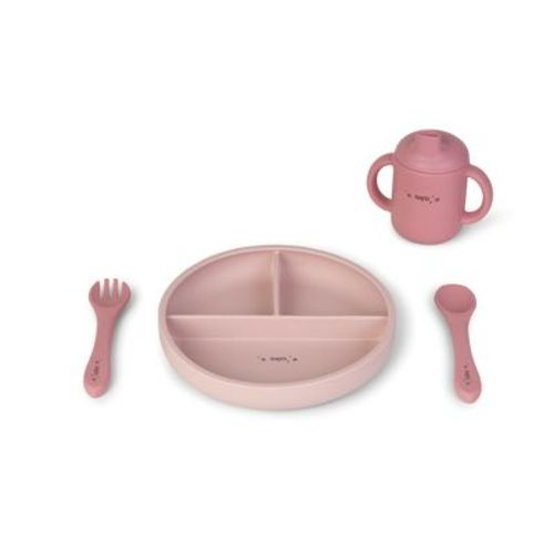 SARO "Food & Fun" 3-Piece Silicone Baby Feeding Set - Nude Pink + Blossom: Suction Plate, Spill-Proof Cup & Utensils for Toddler Self-Feeding