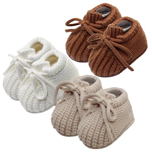 Ukontagood 3 Pairs Baby Booties | Hand Knit Newborn Boys Girls First Walkers, Soft Cozy Sock Shoes for Newborn Toddler Boys Girls