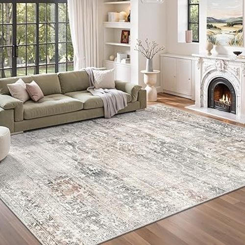 6x9 Area Rugs for Living Room, Stain Resistant Neutral Washable Rugs for Dining Room, Floral Vintage Non-Slip Thin Area Rug Farmhouse Rug Taupe