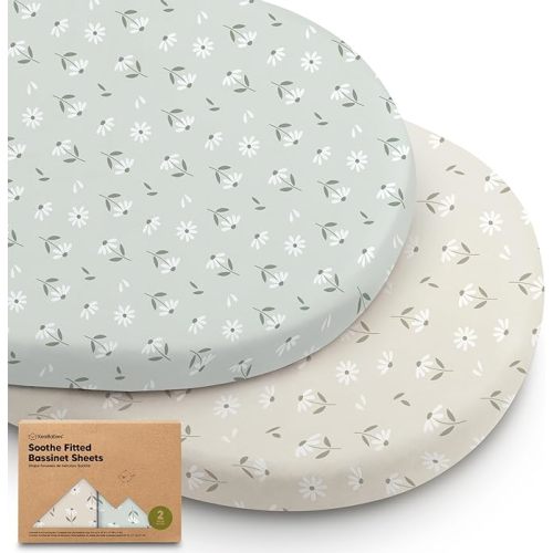 2-Pack Organic Bassinet Sheets for Girls, Boys - 100% Cotton Bassinet Mattress Sheets Compatible with Halo Bassinest Swivel Sleeper, Graco, Baby Delight, Chicco, Fitted Bassinet Sheets (Daisies)