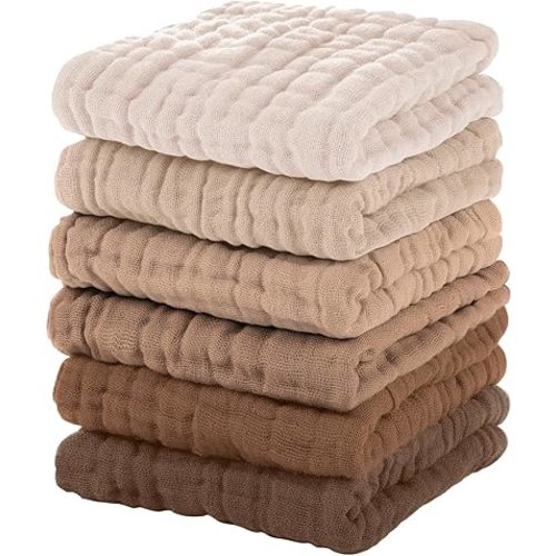Muslin Baby Washcloths 6 Pack, 100% Cotton Wash Cloths for Babies, Large 12''X12'' Burp Cloths Absorbent and Soft for Newborn Infants Kids Boys Girls - Gradient Brown