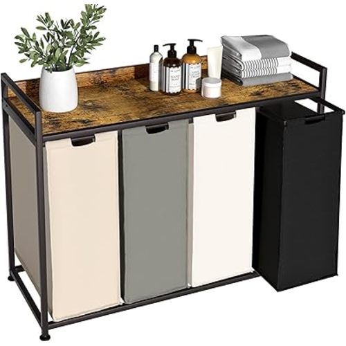 Laundry Hamper with Shelf, Laundry Basket 4 Section, Laundry Sorter with Pull-Out Removable Large 4 Color Bags and Movable Wheels, Metal Frame, 4 x 15.87 Gallons (60L), Rustic Brown PF07XLN