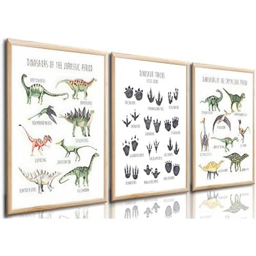 3Pcs Dinosaur Tracks Wall Art Tyrannosaurus Stegosaurus Triceratops Parasaurolophus Wall Decor Kid Room Posters Prints teen Cool Pictures painting for Classroom nursery Decoration,Unframed 16x24in