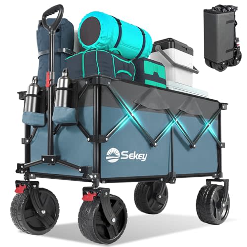 Collapsible Wagon Cart with Big All-Terrain Beach Wheels, Foldable Heavy Duty Wagons with Cup Holders, Utility Carts for Camping, Garden, Outdoor, Grocery, Sports. Blue & Gray
