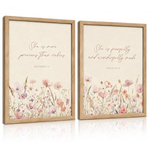2pcs Framed Christian Floral Nursery Wall Art Bible Christ Flower Botanical Painting Picture Wall Decor Boho Girl Nurseries Poster Print Artwork for Baby Room Living Room Bedroom Home Decoration(Wood Color Framed Bible, 16L" x 12W")