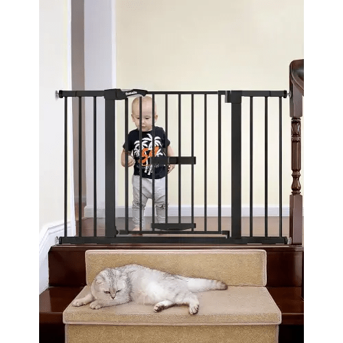 BABELIO 29-48" Extra Wide Baby Gate with Cat Door, Auto Close Metal Pet Door for Stairs, Doorways, House, Pressure/Hardware Mounted, Easy Walk Thru, Black