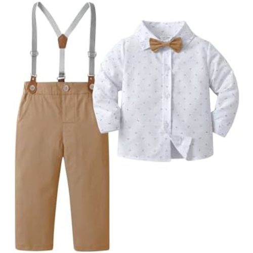 Boarnseorl Baby Boys Pants Sets, Infant Long Sleeve Shirt + Pants + Bow Tie + Suspenders Outfits