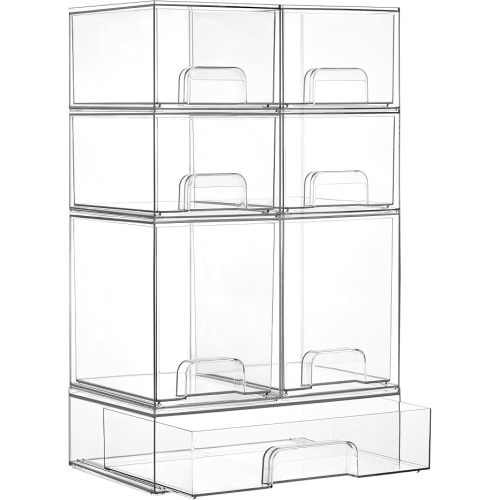 Vtopmart Clear Stackable Storage Drawers Set of 7, Plastic Organizer Bins | Multi-purpose Boxes for Baby Bottle Storage, Ideal for Kichen, Vanity, Bathroom, Undersink, Cabinet, Pantry Organization
