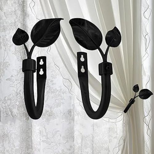 Premium Metal Leaf Curtain Holdbacks (2 Pack), Matte Black Finish, Heavy Duty Hooks for Drapes, Sheers, Swags
