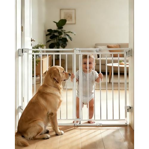 Baby Gate for Stairs, Doorways & Kitchen, 26.4"-43" W x 29" H, Hardware-Mounted (Drill Required) Safety Gate, No Bottom Bar, One-Handed Auto-Close, for Dogs & Toddlers, White