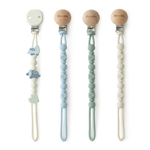Moonkie Silicone Pacifier Clips for Baby – Durable One-Piece Binky Holder, Mixed Styles Paci Clips, Baby Essentials for Newborn Boys & Girls - 4 Pack (Dino Roars)