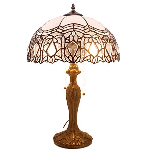 WERFACTORY Tiffany Style Table Lamp White Stained Glass Bedside Lamp 24" | 16X16X24 Inch Crystal Desk Reading Light Metal Base Decor Bedroom Living Room Home Office S508W Series