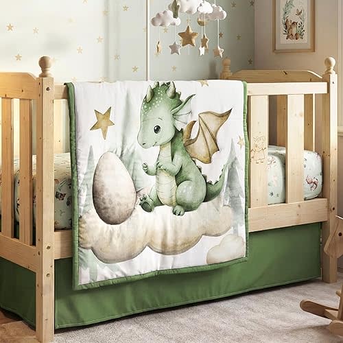 Peryiter 3 Pcs Watercolor Dragon Crib Sheet Set Baby Crib Bedding Set Includes 52"x28" Fitted Sheet, Quilt, Bed Skirt for Newborn Boy Girl Cute Dragon Nursery Newborn Sheets Baby Shower Gifts Decor