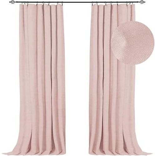 100% Blackout Shield Full Blackout Curtains for Bedroom 108 inch Length 2 Panels Set, Clip Rings/Rod Pocket Faux Linen Black Out Curtains for Living Room, Thermal Insulated, 50Wx108L, Blush