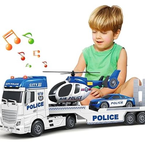 Kids Toys for 3 4 5 6 7 8 Years Old Boys, 25" Police Truck Toy with Racing Car and Helicopter, Toddler Friction Powered Truck Vehicle Toy with Lights, Sounds for Boys Girls Christmas Birthday Gifts