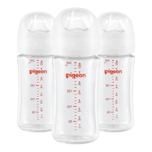 Pigeon Glass Baby Bottles Wide Neck, 8.1 Oz, Pack of 3 | Nurture & Nest, Borosilicate Glass, Anti-Colic Bottle, Natural Feel, Easy to Clean, Includes 3pcs Stage 3 Nipples (3M+)