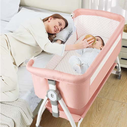 JOJOLAM Baby Bassinet, 5-in-1 Bedside Crib with Changing Table, Adjustable Height, Locked Wheels, Pink