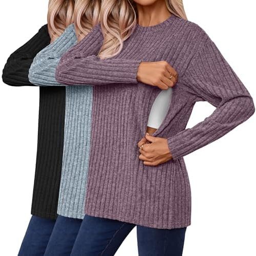 3 Pack Women's Nursing Shirts for Breastfeeding Zipper Ribbed Oversized Sweater Cotton Long Sleeve Maternity Tops