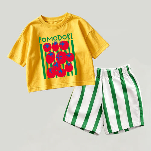POMODORI Baby Yellow&Green Top and Striped Shorts 2-piece Set