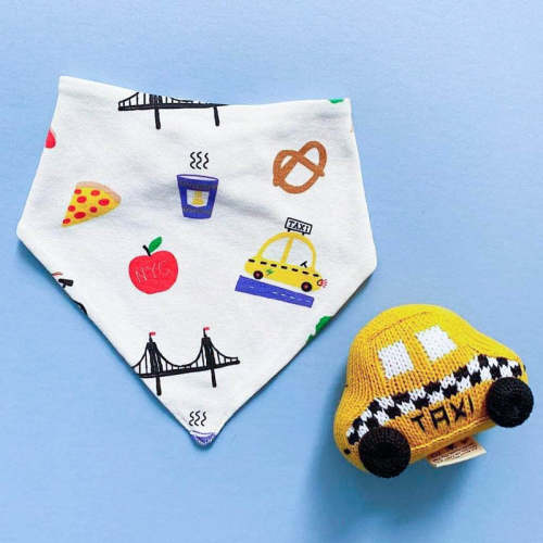 Organic Baby Gift Set - New York Bib & Taxi Rattle toy