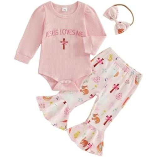 Newborn Easter Outfit Girl Jesus Love Me Cross Ribbed Romper Bell-Bottom Pants Sets Infant My 1st Easter day Outfits