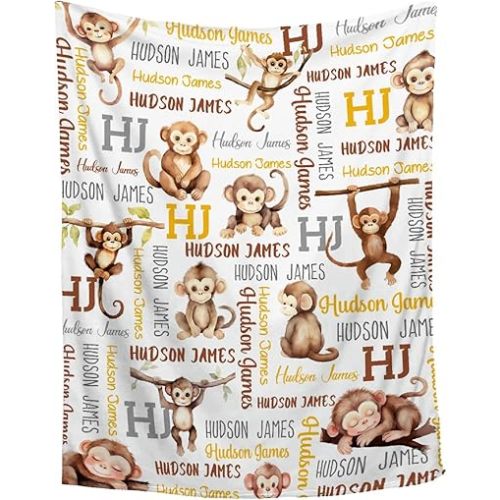 Custom Baby Monkey Blanket with Name | Personalized Monkey Blanket Gifts for Boys Girls | Ultra Soft Cozy Flannel Throw Decor for Sofa Couch Bedroom | 30"x40"-Toddlers/Crib Size