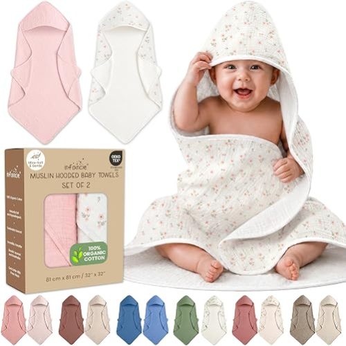 Organic Cotton Muslin Baby Hooded Towels - 32x32 Inch, 2 Pack Newborn Bath Towels for Boys & Girls, Soft & Absorbent Bath Set (Blush & Ivory Floral)