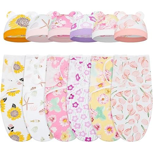 6 Pack Swaddle Blanket with Hats for Baby Girl Boy 100% Cotton Swaddles 0-3 Months, Adjustable Breathable Skin Friendly Receiving Blanket Wrap, Essential for Newborns(Flower,Colorful)