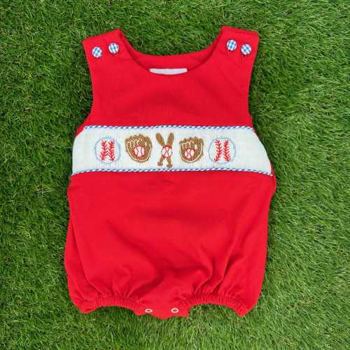 Baseball Smocked Boy Bubble in Red Knit - Baseball, Softball, Sports, Matching Sibling Set 638 *A