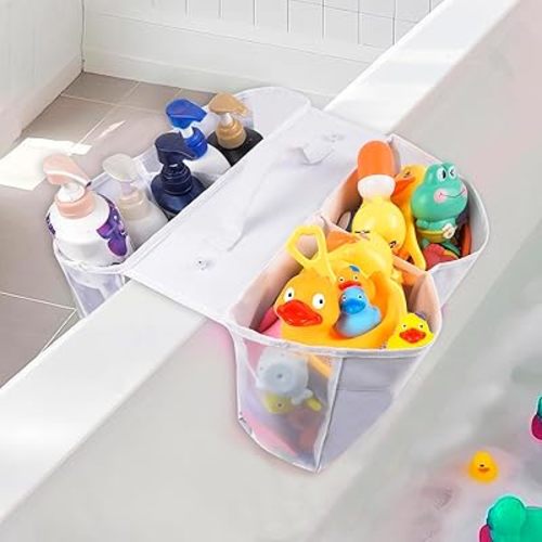 Bath Toy Storage Organizer - Large 4 Compartment Bath Toy Holder with Suction Cups, Mess Bathtub Toy Storage, Quick Dry Shower Toy Holder, Baby Bath Toy Basket Net for Bathroom Tub